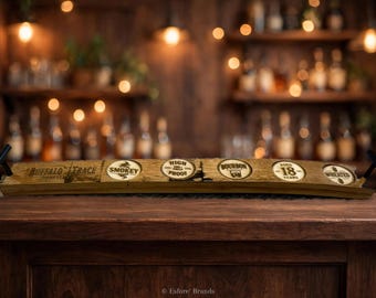 Large Barrel Stave Bourbon Flight Board, Real Oak Stave, T-Bar Grips, Buffalo Trace Engraved, Sealed Char, 12 Tasting Chips Included