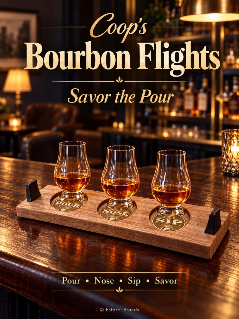 May include: A rectangular wooden serving board with three glass tumblers containing amber liquid. The board features engraved text reading POUR, NOSE, and SIP within circular indentations, and black metal accents on the ends.