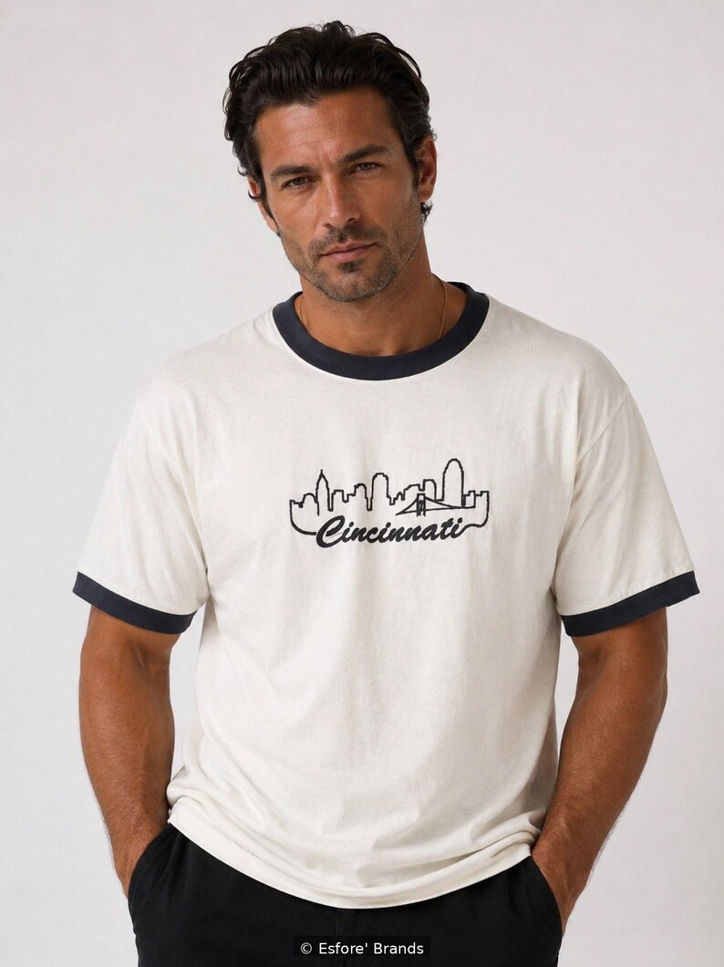 Camiseta — Bordado del horizonte de Cincinnati, Camiseta con el logo de Cincinnati, Camiseta de la ciudad de Ohio, Camiseta de algodón bordada, Regalo de Cincinnati imagen 1