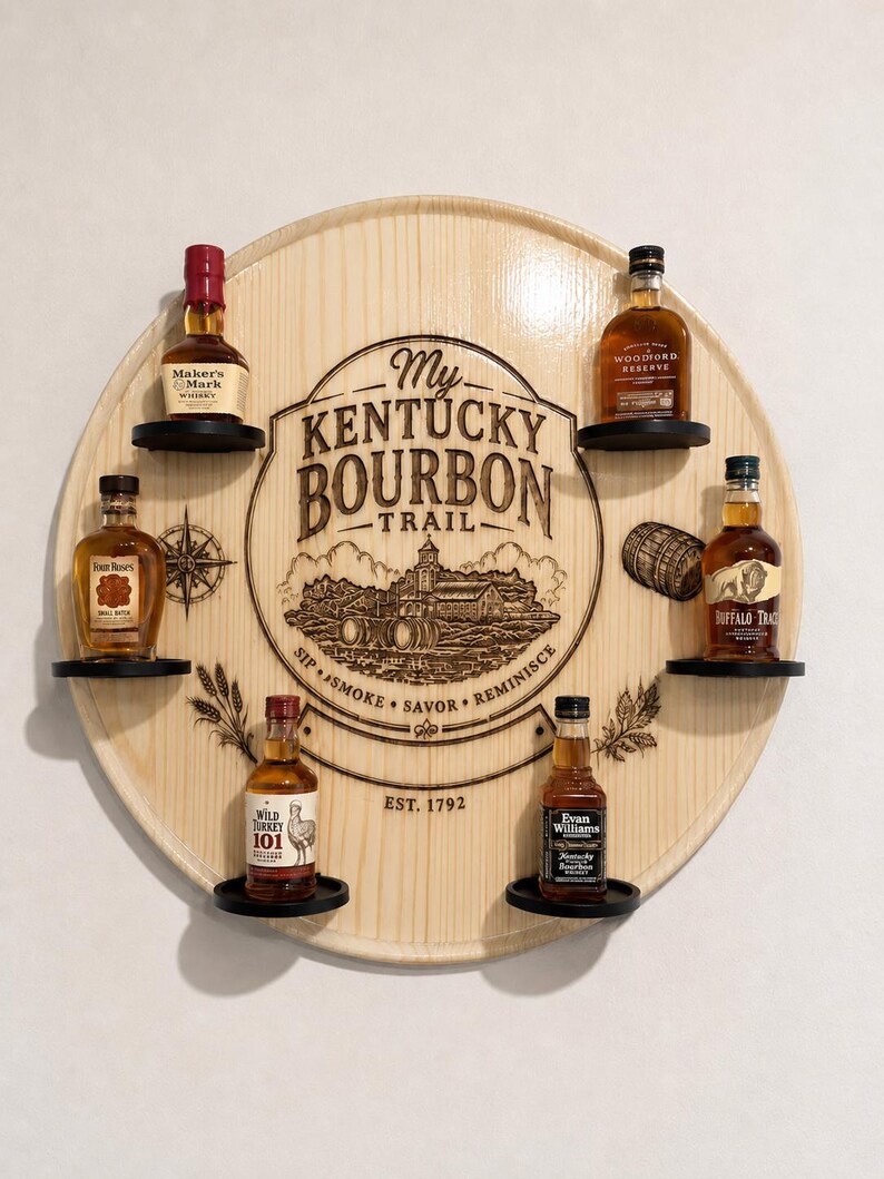 May include: A circular light-coloured wooden wall display featuring the engraved text My Kentucky Bourbon Trail, Est. 1792, Sip, Smoke, Savor, Reminisce. It includes six small black shelves holding miniature bottles of Maker's Mark, Woodford Reserve, Four Roses, Buffalo Trace, Wild Turkey 101, and Evan Williams.