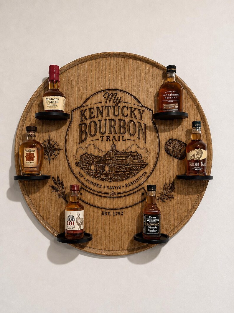 May include: A circular wooden display board featuring the engraved text My Kentucky Bourbon Trail, Est. 1792, Sip, Smoke, Savor, Reminisce, and a landscape illustration. Six small black shelves hold miniature bottles of bourbon whisky.