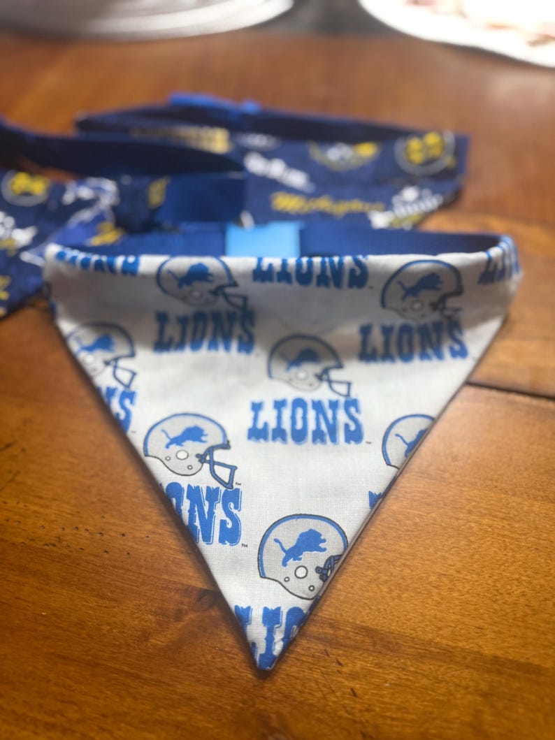 May include: A triangular pet bandana featuring a white background with a repeating pattern of blue Detroit Lions football helmets and the text LIONS in blue lettering. The bandana has a blue fabric trim along the top edge.