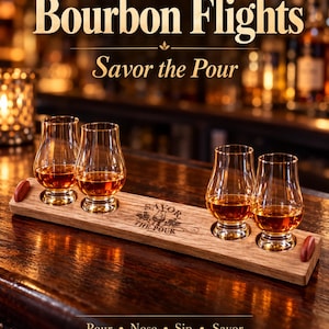 May include: A wooden bourbon flight board with four clear glass snifters containing amber liquid. The board features the text "Savor the Pour" and "Coop's Bourbon Flights" with "Pour • Nose • Sip • Savor" printed at the bottom.