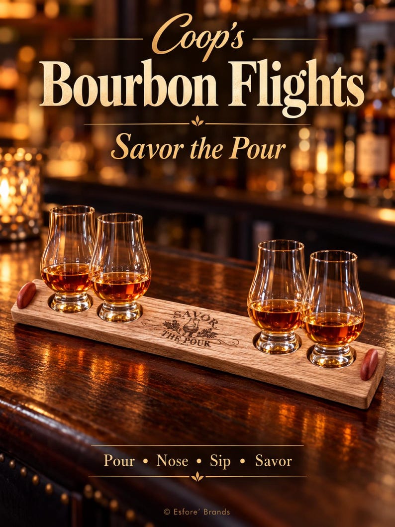 Bourbon Flight Board 4 Glass, Red Oak Whiskey Tasting Flight, Engraved Savor the Pour Logo, Pour Nose Sip Savor Chips, Custom Logo Option image 1