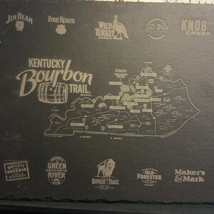 Op de afbeelding: Een donkergrijze leisteen serveerplank met de Kentucky Bourbon Trail kaart en distilleerderij logo's. De plank bevat de tekst "Kentucky Bourbon Trail" en logo's van Jim Beam, Four Roses, Wild Turkey, etc. Een decoratief item.
