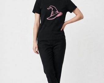 T-Shirt — Pink Witch Hat Embroidered, Halloween Witch Shirt, Pink Witch Hat Tee, Spooky Season Gift, Embroidered Cotton Tee