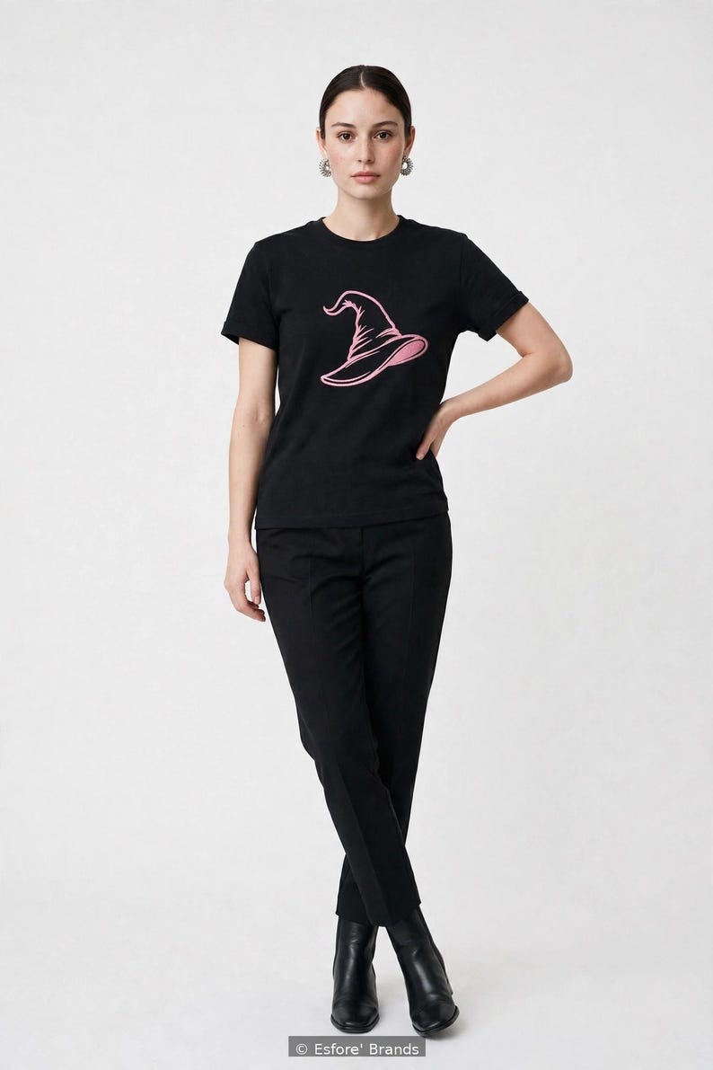 T-Shirt — Pink Witch Hat Embroidered, Halloween Witch Shirt, Pink Witch Hat Tee, Spooky Season Gift, Embroidered Cotton Tee image 1