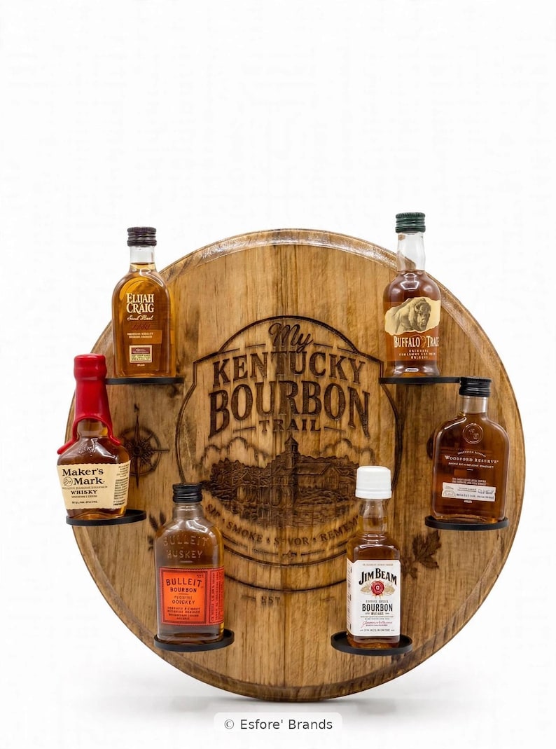 May include: A circular wooden barrel head display rack featuring the engraved text My Kentucky Bourbon Trail. The rack holds six miniature bourbon bottles including Elijah Craig, Buffalo Trace, Maker's Mark, Bulleit, Jim Beam, and Woodford Reserve.