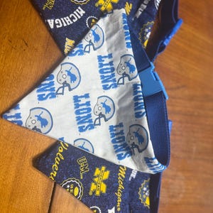 May include: A reversible pet bandana featuring a white fabric side with blue Detroit Lions football helmet graphics and text, and a dark blue fabric side with yellow Michigan Wolverines logos, text, and football icons, secured with a blue plastic buckle.