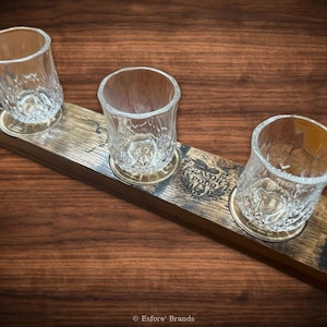 Small Barrel Stave Bourbon Flight Board, Real Oak Stave, 3 Glass, Sealed Char, Pour Nose Sip Chips Included, Knob Grips