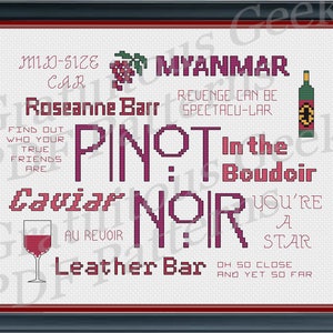 May include: A cross-stitch design featuring the text "Pinot Noir: Caviar" with a bottle of wine, a glass of wine, and grapes. The text "Roseanne Barr" and "Myanmar" are also included in the design.