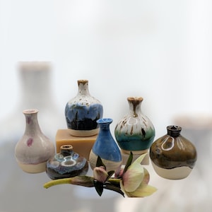 May include: A selection of small, handmade ceramic vases in diverse colours and designs. The vases display shades of blue, brown, and white, with unique glaze patterns. Some vases are displayed on a light-coloured surface, with a sprig of flowers in the foreground.