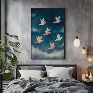 Singvögel im Flug Giclée Kunstdruck | Aquarell Sternenhimmel Wandkunst | Verträumtes Natur Dekor | Boho Ästhetik | Gerahmt & Ungerahmt