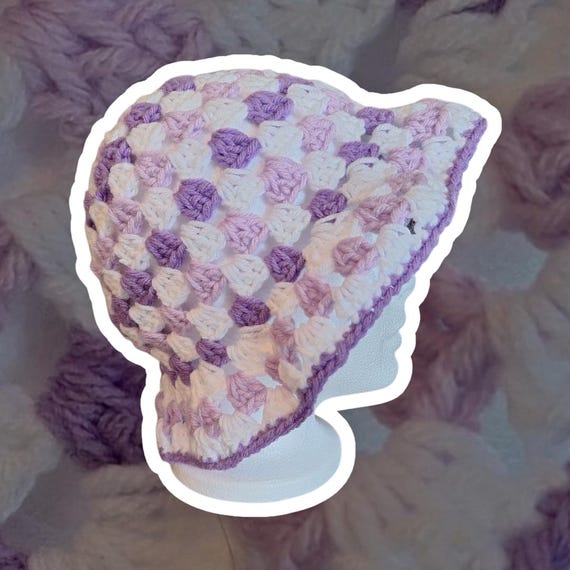 Crochet Bucket Hat Granny Square Pattern Purple Lavender White Adult Handmade Crochet Bucket Hat Granny Square Pattern Purple Lavender  main image 4