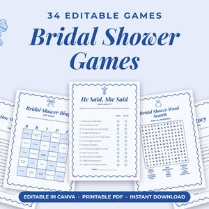 May include: A set of 34 editable bridal shower games featuring blue text and illustrations on a light blue background. The collection includes sheets for Bridal Shower Bingo, He Said She Said, and a Word Search, all with a scalloped border.