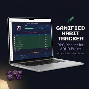 May include: A laptop displays a gamified habit tracker interface with a pixelated sword icon. The screen shows a "Hero Dashboard" and "Daily Quests" list. Purple dice with white numbers are in the foreground. Text reads "Gamified Habit Tracker" and "RPG Planner for ADHD Brains."