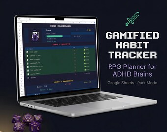 Gamified Habit Tracker Google Sheets | RPG Daily Planner for ADHD Brains (Dark Mode)