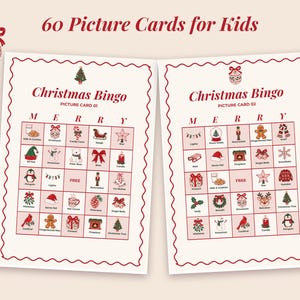 Close-up of picture bingo card 01 and card 02, each with different illustrated squares.