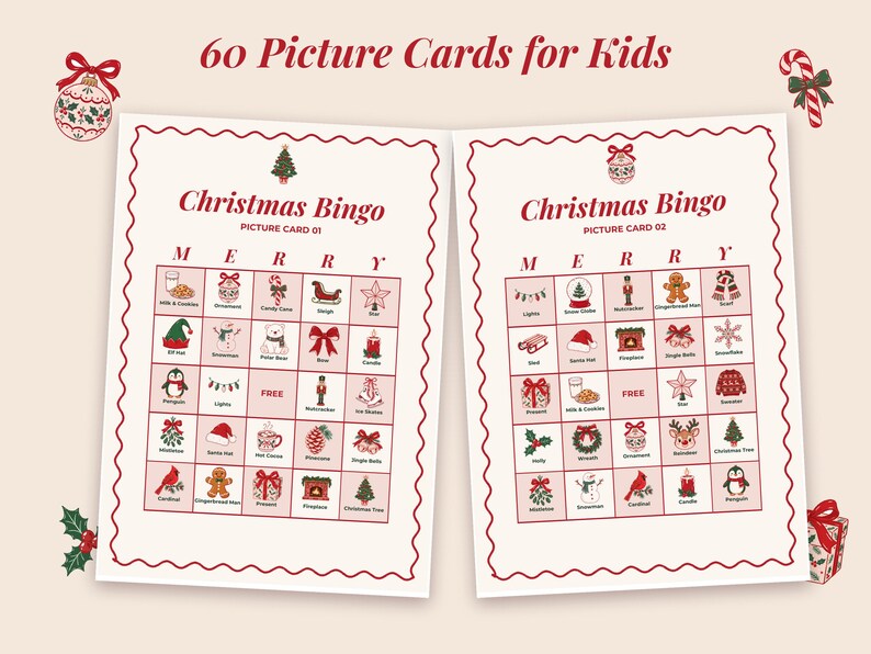 Close-up of picture bingo card 01 and card 02, each with different illustrated squares.