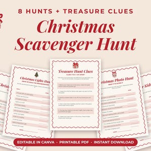 May include: A set of Christmas scavenger hunt activity sheets with red text and decorative borders. The pages feature lists of items to find, including Christmas lights, treasure hunt clues, and photo hunt tasks, all on a light background.