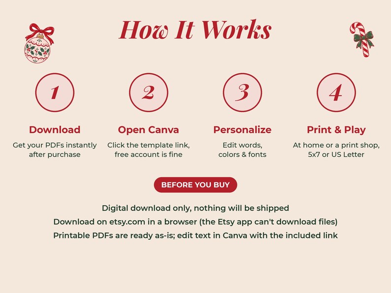 How it works (download, open Canva, personalize, print) and before you buy: digital download only, download on etsy.com in a browser, edit in Canva.
