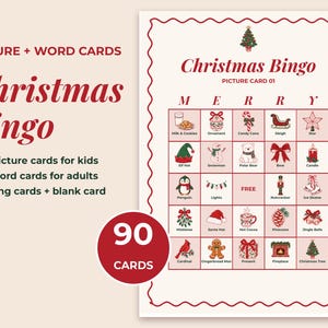 Christmas bingo hero: a full picture bingo card with illustrated squares and a 90 cards badge; 60 picture cards for kids, 30 word cards for adults.