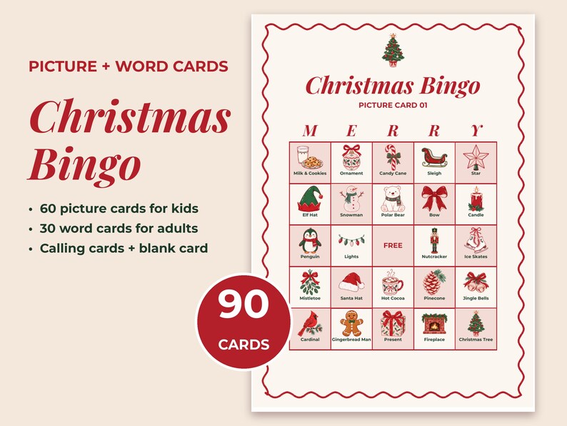 Christmas bingo hero: a full picture bingo card with illustrated squares and a 90 cards badge; 60 picture cards for kids, 30 word cards for adults.
