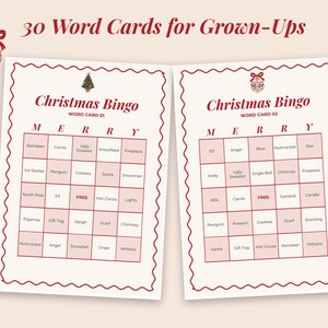 Close-up of word bingo card 01 and card 02, each with different Christmas words.