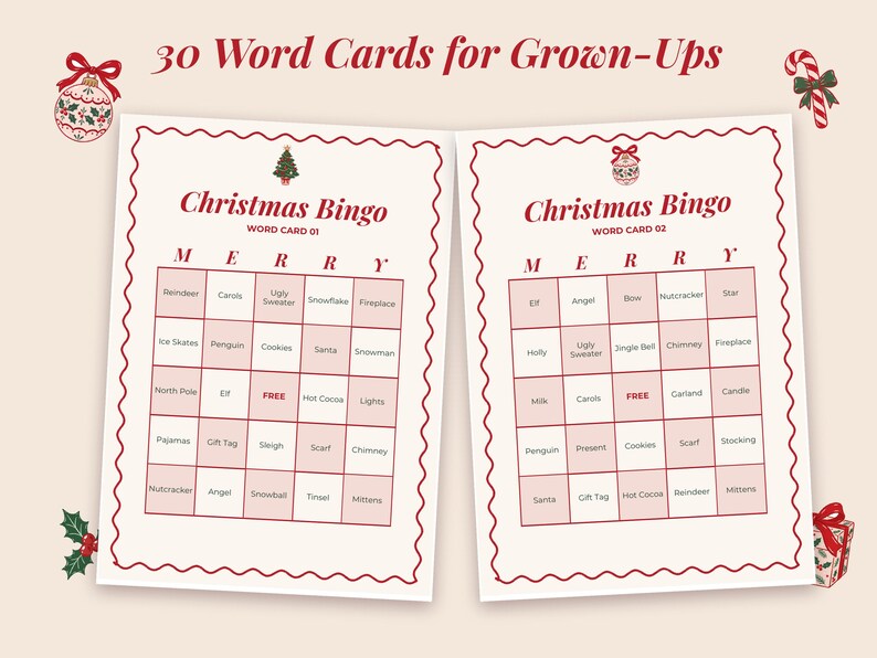 Close-up of word bingo card 01 and card 02, each with different Christmas words.