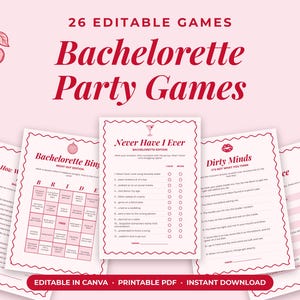 Bachelorette Party Games Bundle, 26 Editable Canva Bachelorette Games Printable, Hen Party Games, Bachelorette Bingo, Pink & Red