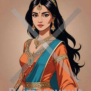 以下が含まれることがあります： 長い黒髪の女性が伝統的なインドの衣装を着ています。彼女は赤い宝石のついた金の冠、赤い宝石と青い宝石のついた金のネックレス、赤い宝石と青い宝石のついた金のイヤリングをしています。彼女は金色の縁取りのある青とオレンジのサリーを着ています。