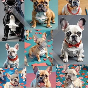 以下が含まれることがあります： さまざまなポーズと色のフレンチブルドッグのイラストのコラージュ。犬は白黒、タン、クリーム色で描かれており、首輪や蝶ネクタイを着用しているものもあります。背景は、単色や花柄など様々です。
