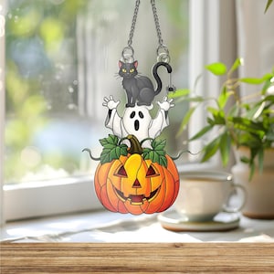 Black Cat Ghost Pumpkin Acrylic Suncatcher, Spooky Cute Ghost Halloween Black Cat Suncatcher, Spooky Cute Fall Decor, Halloween Ornament