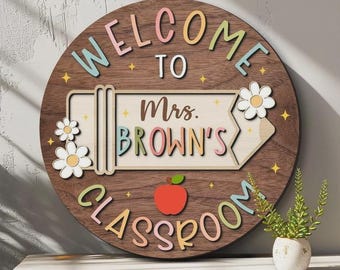 Personalized Welcome Classroom Sign Teacher Sign, Thank you Teacher Gift from Kids, Teacher Name Pencil Sign Hanging, Floral Classroom Decor