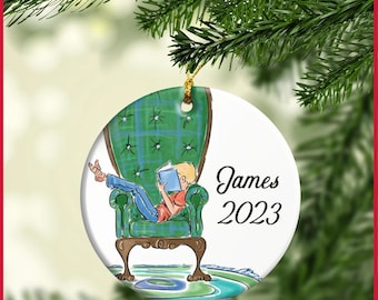 Custom Name Reading Book Boy & Girl 2D Ceramic Ornament, Christmas Gift For Book Lover, Bookish Ornament Decor, Reading Book Decor Ornament