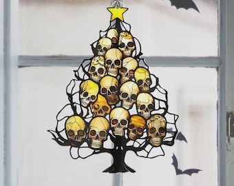 Skull Christmas Tree Acrylic Suncatcher, Spooky Season Decor Skull Suncatcher, Gothic Window Hanging, Halloween Season Home Decor Gift