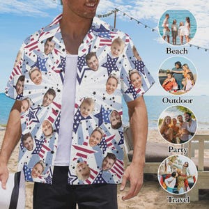 Personalized Independence Day Hawaiian Polo Shirt with Face, Custom Face Short Sleeve Shirt, Custom Shirt with Face Family Matching