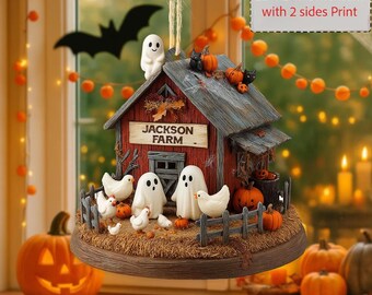 Custom Name Ghost in Chicken Farm 2D Acrylic Ornament, Funny Spooky Chicken Ornament Gift, Chick or Treat Chicken FLAT Ornament,Autumn Decor