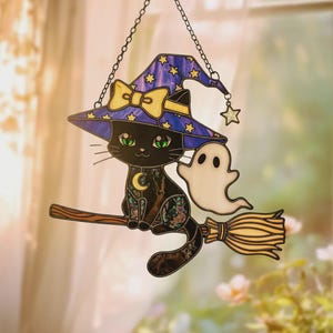 Black Cat Witch with Boo Acrylic Suncatcher, Spooky Cute Ghost Halloween Black Cat Suncatcher, Witch Black Cat Spooky Fall Decor Gift