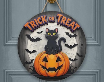 Halloween Door Black Cat Sign, Trick or Treat Black Cat Halloween Wooden Door Hanger, Front door Spooky Season Decoration, Spooky Door Sign