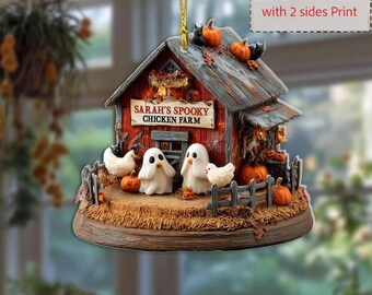 Custom Name Ghost in Chicken Farm 2D Acrylic Ornament, Spooky Chicken Halloween Ornament Gift, Chick or Treat Chicken Ornament, Autumn Decor