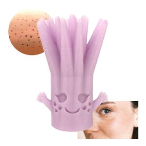 Peut inclure: Un objet violet clair de style dessin animé avec un visage souriant, des bras et de multiples appendices pointant vers le haut. L'objet est à côté d'un gros plan de peau avec des taches de rousseur. Une image circulaire de peau avec des pores est également présente.