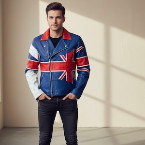 May include: A blue, red, and white leather jacket featuring the Union Jack flag design. The jacket has a red collar and white sleeves. The model is wearing black jeans and a black shirt.