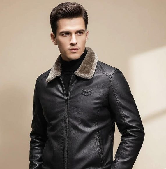 Men's Black Leather Jacket With Faux Fur Collar | Handmade Winter