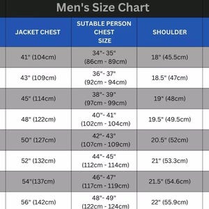 May include: A size chart for jackets, with measurements in inches and centimeters. The chart includes sizes from X-Small to XXXX-Large, detailing jacket chest, suitable person chest size, shoulder, and sleeve measurements.