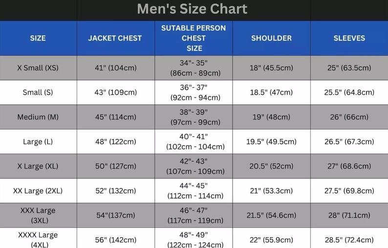 May include: A size chart for jackets, with measurements in inches and centimeters. The chart includes sizes from X-Small to XXXX-Large, detailing jacket chest, suitable person chest size, shoulder, and sleeve measurements.
