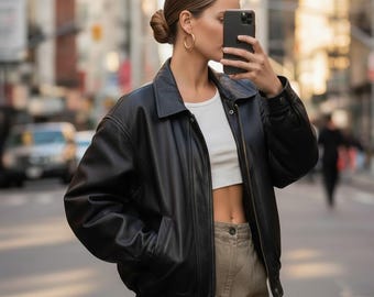 Women's Oversized Vintage Leather Bomber Jacket | 90s Retro Grunge