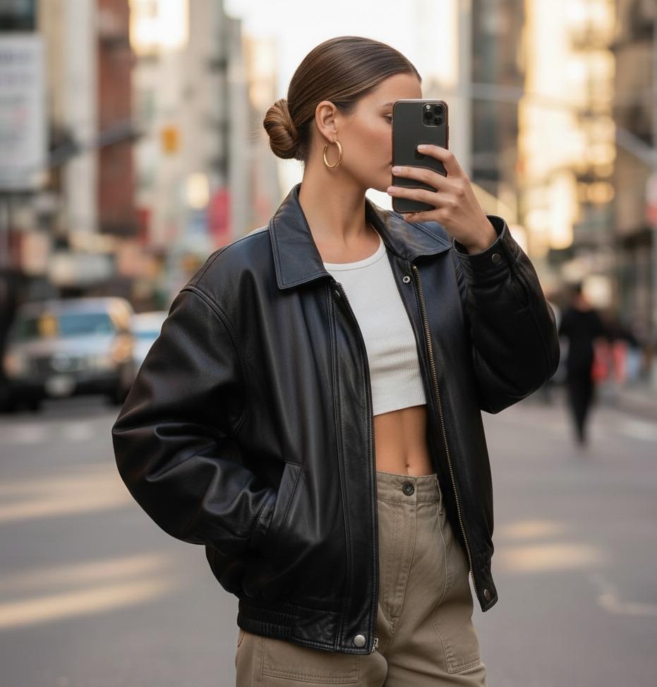 Women's Oversized Vintage Leather Bomber Jacket | 90s Retro Grunge