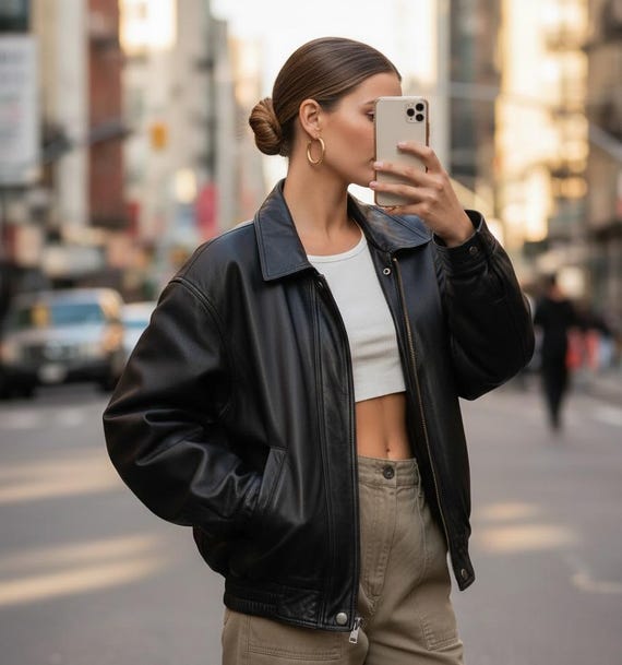 Women's Oversized Vintage Leather Bomber Jacket | 90s Retro Grunge