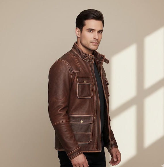 Handmade Men's Vintage Biker Jacket | Distressed Brown Cowhide